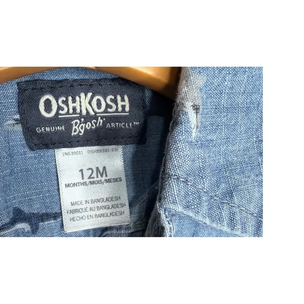 OshKosh Bgosh Boys 12M Blue Shark Print‎ Short Sleeve Button Down Shirt Chambray